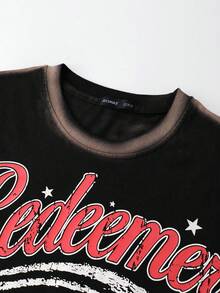 ROMWE MEN Street Life Camiseta de manga corta de corte holgado con hombros caídos y estampado a mano para hombre - Negro - Ver 7