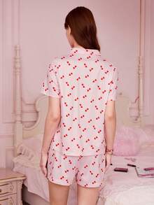 Women's Printed Cropped Top And Elastic Waist Pants Pajama Set - Pink - View 2