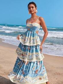 Travachic 女士海星贝壳印花镂空褶皱休闲度假约会吊带长裙 - 灰藍色 - 查看 3