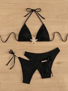 Swim Basics 3件套女士夏季沙滩纯色金属海星装饰挂脖系带性感比基尼泳装套装 - 黑色 - 查看 3