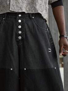 NEON BLANC 男士休闲纽扣口袋铆钉牛仔裤 - 黑色 - 查看 5