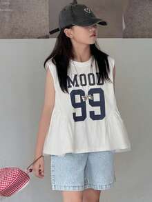 DAZY 少女无袖字母A字下摆T恤 - 白色 - 查看 5