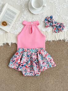 SHEIN Baby Girl Solid Color & Graphic Print Bow Decor Skirt Set - Pink - View 4