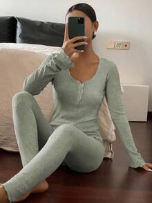 DAZY Women's Lace Patchwork Wavy Hem Fitted Base Layer Top And Pants Set, Spring Loungewear - Green - View 4