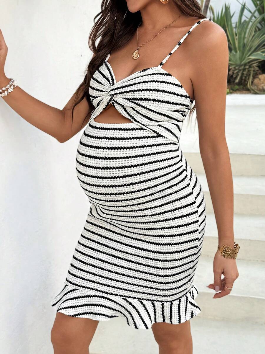 SHEIN Summer Outfits Vacation Style, Black Striped Maternity Mini Dress With A Knotted Front And Fitted Ruffled Halter Neckline. Maternity Summer Casual Striped Front Twist Hollow Ruffle Hem Sleeveless Dress - Apricot - View 1