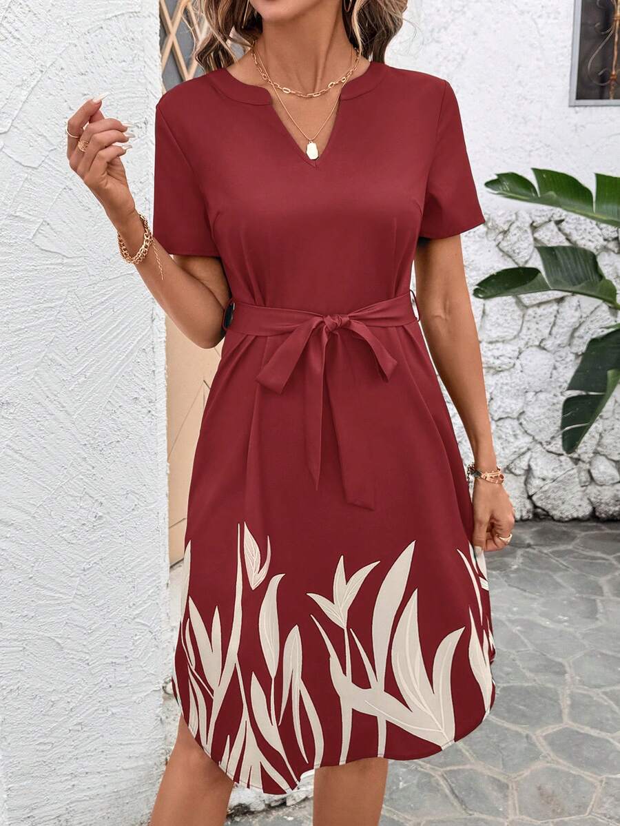 SHEIN Clasi 女士优雅V领绿色碎花宽松休闲夏季连衣裙（含腰带） - 紅色 - 查看 1
