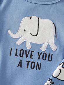 2件套幼儿男童可爱大象字母印花圆领按扣蓝色大象印花短裤睡衣套装，贴身款 - 藍色 - 查看 5