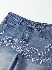 ROMWE MEN Men's Casual Music Note & Slogan Embroidered Denim Shorts, Summer - Blue - View 4