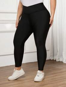 SHEIN CURVE+ Quần legging cạp cao màu đen dành cho nữ cỡ lớn, kiểu dáng thường ngày. - màu đen - Xem 6