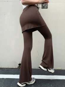 DAZY Women's Tight-Fitting Leggings With 2 In 1 Design - Coffee Brown - View 2