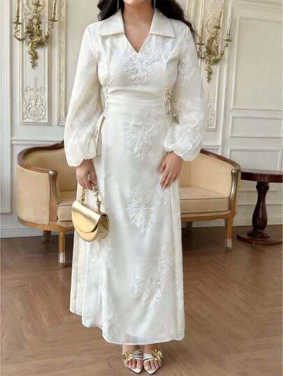 Al Najma Women's Elegant Vacation Style Embroidered Mesh V-Neck Lantern Sleeve Tie Waist Arabic Dress