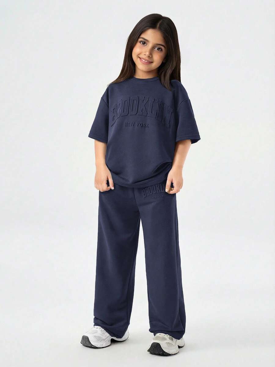 SHEIN Setelan Kaos dan Celana Panjang Lengan Pendek Leher Bulat Bahu Jatuh Kasual Longgar Minimalis Nyaman untuk Anak Perempuan, Anak-anak - Navy Blue - View 1