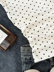 SHEIN Tween Girls Knit Casual Minimalist Polka Dot Print Asymmetric Ruched Cropped Top, Suitable For Spring/Summer, Casual, Personalized Styling, Daily Wear - Apricot - View 4