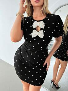 Auralis 新款春夏黑白波点修身收腰大码迷你连衣裙,蝴蝶袖,圆领,蝴蝶结,镂空设计,适合演出、约会、正式派对、婚礼、情人节、聚会、性感、通勤、优雅浪漫、OL风、美人鱼风、生日派对、教师制服、复古学院风等场合。 - 黑與白 - 查看 8