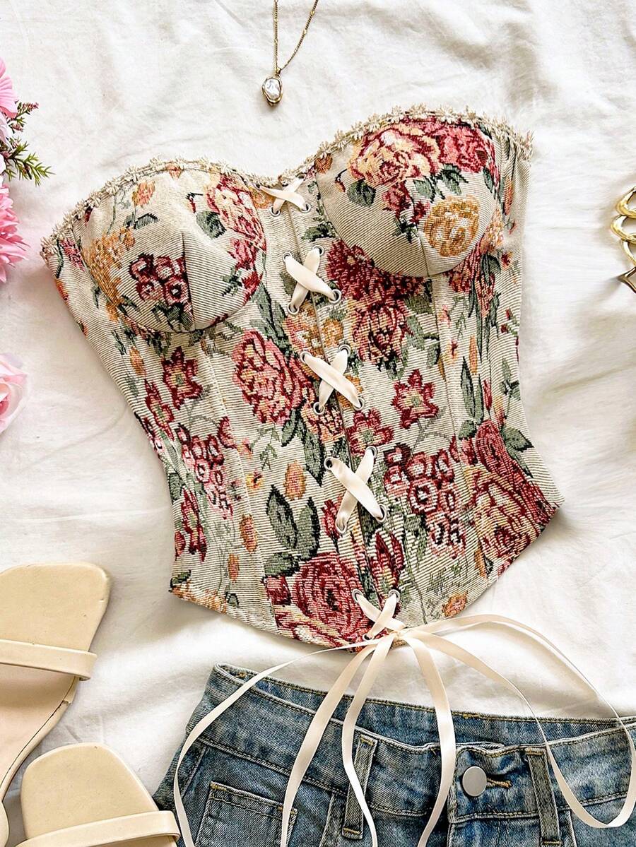 Soleia Going Out Outfits  Summer Holiday Outfits Women's Floral Jacquard Eyelet Lace-Up Design Fashion Bandeau Top - Multicolor - View 1