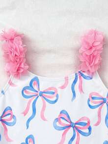 SHEIN Traje de baño de una pieza con rayas y lazo y flor 3D para niña - Azul y blanco - Ver 5