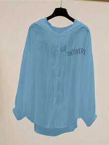 Airaco 女士标语印花长袖宽松休闲连帽衫 - 藍色 - 查看 2