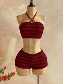 Soleia 2pcs/Set Women's Autumn/Winter Halter Striped Top & Super Shorts - Red - View 3