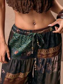 ROMWE PETITE Women's Hippie Style Vacation Paisley & Plaid Retro Print Wide Leg Pants - Brown - View 3