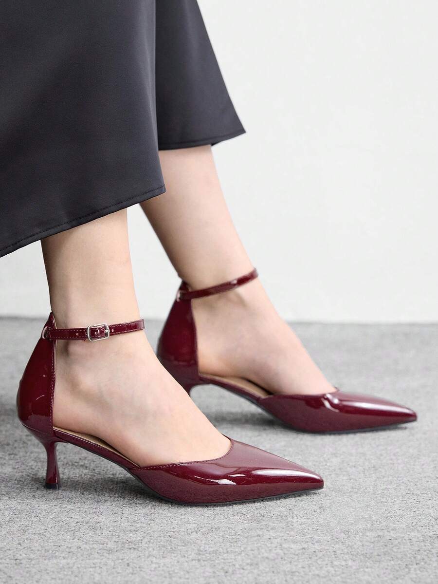 CUCCOO BIZCHIC Women's High-Heeled Shoes, New Nude Pointed Stiletto High Heels, French Hollow Buckle Commuter Shoes, Elegant Versatile Dating Banquet Skirt Matching - Burgundy - View 1