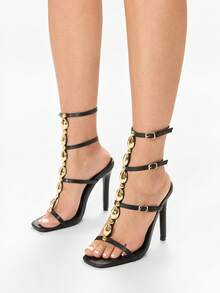 Glitzique 女士银色系带高跟凉鞋，派对迷人水钻装饰方头高跟鞋 - 黑色 - 查看 2