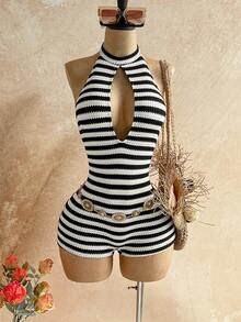 Soleia Bộ jumpsuit nữ kiểu dáng thường ngày, gợi cảm, khoét lưng, buộc nơ, cổ yếm, thích hợp cho đi biển, du thuyền, nghỉ mát thành phố, du lịch, tiệc trà chiều, dã ngoại. - Đen và trắng - Xem 6