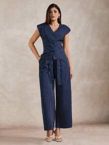 Briarwyn Women's Casual, Work, Commute V-Neck Striped Print Fitted Blouse And Belted Wide Leg Pants Set, Spring/Summer - Navy Blue - View 5