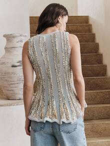 Anewsta 女士花卉针织镂空圆领毛衣背心 - 灰色 - 查看 3