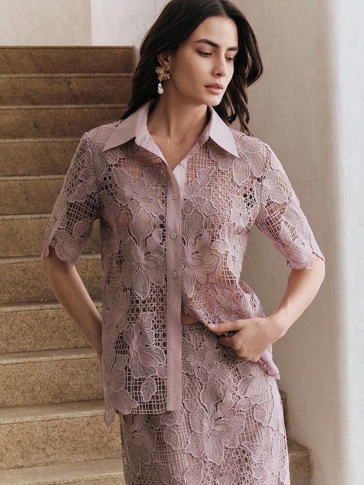 Women's Hollow Lace Trim Single-Breasted Casual Versatile Daily Wear Shirt Shirts For Women Elegant Lace Blouse Sheer Shirt Mesh Shirt See Through Shirt Lace Shirt