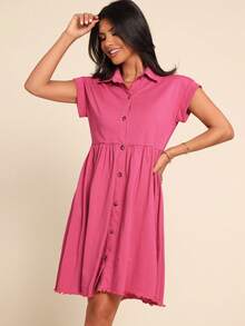 Coeurva Damen einfarbiges Lässig Minikleid mit Knopfleiste und Kurzarm - Pink - Übersicht 4