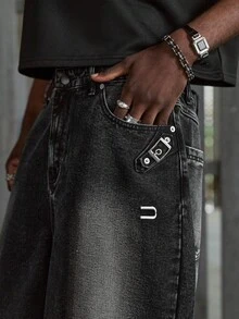 NEON BLANC 男士休闲宽松黑色阔腿牛仔短裤，带斜插口袋 - 黑色 - 查看 5