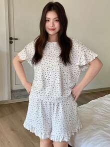 Dazy Plus 2pcs Ditsy Floral Elegant Ruffle Trim Shorts Pajama Set, Plus Size Women Spring/Summer Sleepwear - White - View 6