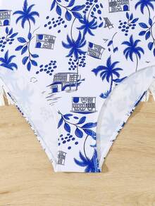 SHEIN 少女热带印花连体泳衣，时尚休闲，适合夏季海滩/泳池/派对/度假穿着 - 藍色 - 查看 6