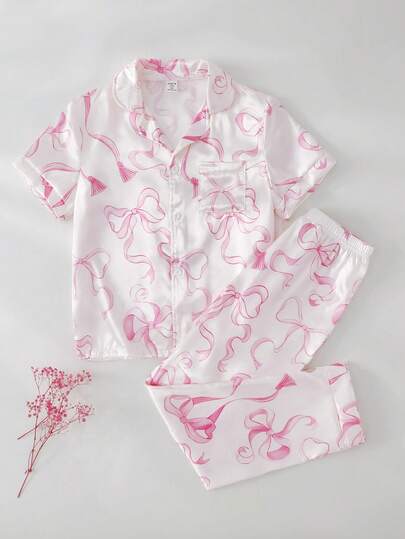 女童休闲蝴蝶结装饰短袖上衣和裤子两件套家居服