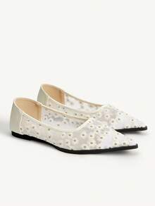 CUCCOO CHICEST Sandalias planas de punta puntiaguda, versátiles y transpirables de malla para mujer en verano - Blanco - Ver 2