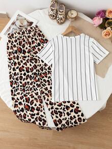 Sparklyn Tween Girl Leopard Print, Letter & Striped Short Sleeve T-Shirt And Wide Leg Pants Casual Outfit - Multicolor - View 2