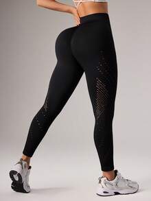 Dewbera 女士高腰镂空休闲百搭日常运动紧身裤 - 黑色 - 查看 2