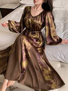 DAZY Tie Dye Print Patchwork Satin Lantern Sleeve Cinched Waist Long Women Nightgown - Brown - View 4