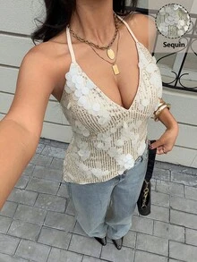 Siren Gaze Women's Fashion Sequin Lace-Up Camisole, Beaded Embroidered Ladies Casual Top, Summer Vacation Top Halter Top Sequined Top Sexy Summer Top Lace Tank Top Y2k Top Sequin Top Summer Tops - Apricot - View 3