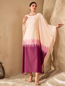 Al Najma Women's Ombre Casual Elegant Asymmetrical Tassel Batwing Sleeve Arabic Style Dress - Coral Pink - View 6