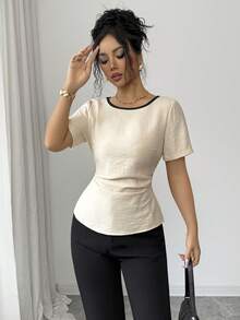 SHEIN Elenzya 女士优雅休闲杏色和黑色蝴蝶结设计褶皱腰部短袖修身衬衫，春夏款 - 杏色 - 查看 6
