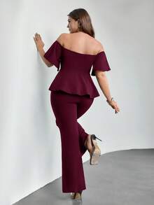 SHEIN Privé Plus Size Summer Elegant Solid Color Off-Shoulder Ruffle Hem Top And Pants 2-Piece Set - Red Violet - View 2