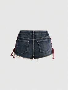 ROMWE Avant Quần short denim mini dáng ôm sát, kiểu dáng thể thao Y2K retro dành cho nữ, chất liệu jersey, có logo thêu, dây rút, cạp thấp, gợi cảm. - Màu xanh lam - Xem 4