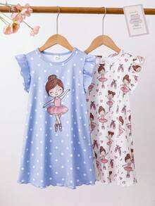 2pcs/Set Toddler Girls' Cap Sleeve Dress With Cute Ballet Dancer & Heart Print, Casual Ruffle Sleeve Long Nightgown, Spring/Summer Home Outfit - Blue - View 1