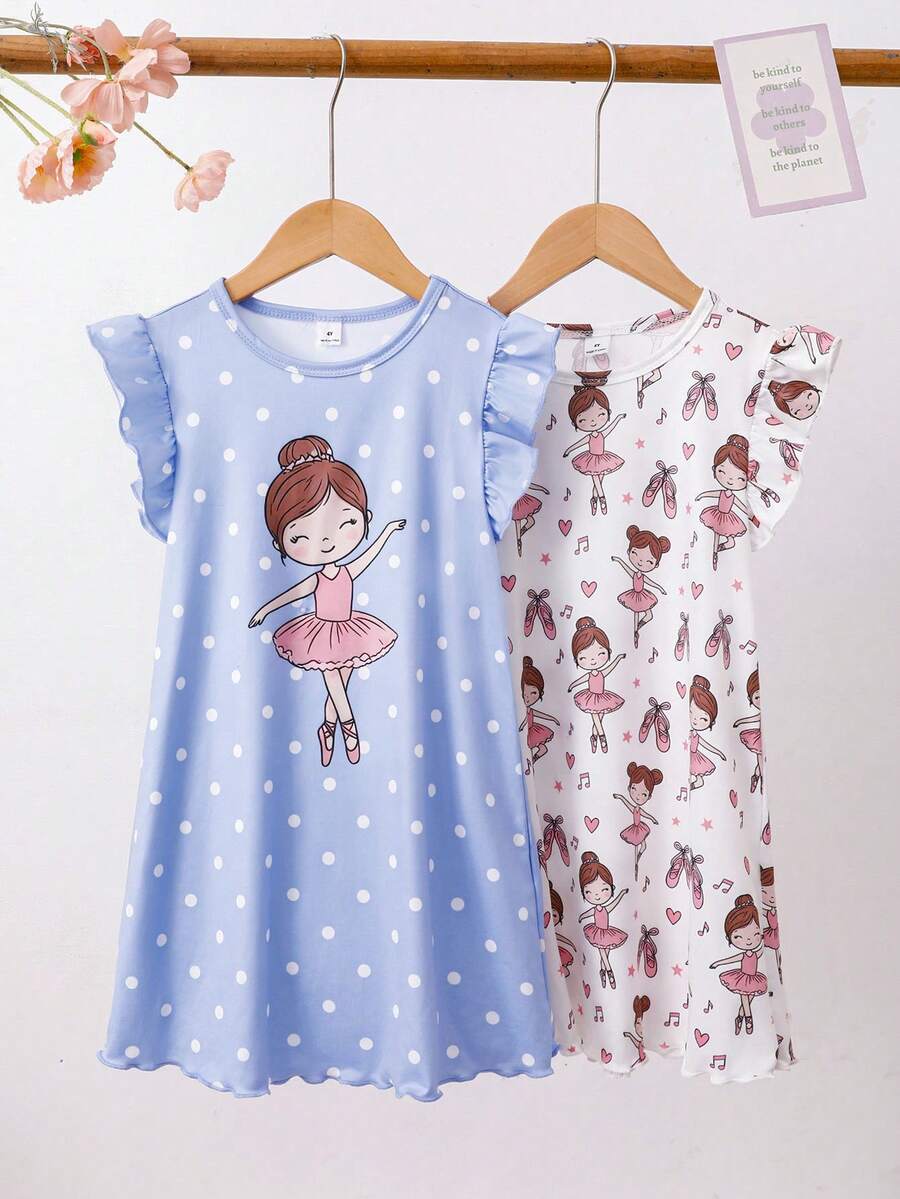 2pcs/Set Toddler Girls' Cap Sleeve Dress With Cute Ballet Dancer & Heart Print, Casual Ruffle Sleeve Long Nightgown, Spring/Summer Home Outfit - Blue - View 1