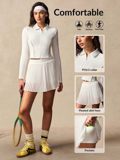VARSIVA 女士纯色长袖拉链上衣和褶裥短裙运动套装