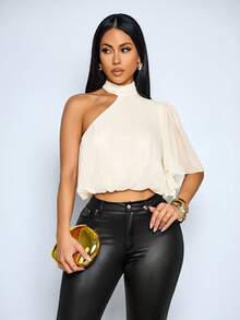 SOLERSUN 女士优雅不对称单肩闪亮面料垂褶雪纺衬衫杏色闪光条纹泡泡袖女式衬衫 - 杏色 - 查看 6