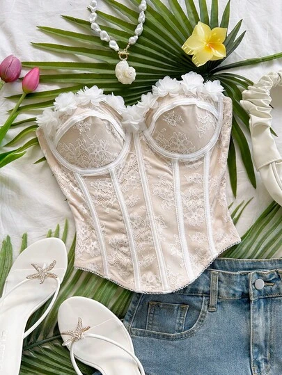 Soleia Women's Elegant Vacation Sexy White Lace Fabric 3D Floral Decor Bandeau Top, Casual, Date, Afternoon Tea, Beach, Cruise, Music Festival