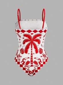 Swim Oasis 女士蓝白热带棕榈树印花连体泳衣，优雅休闲沙滩度假罩衫 - 紅色 - 查看 8