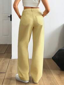 SHEIN Low Waist Casual Style Button Detailed Yellow Rinse Wash Regular Fit Straight Jean - Yellow - View 3